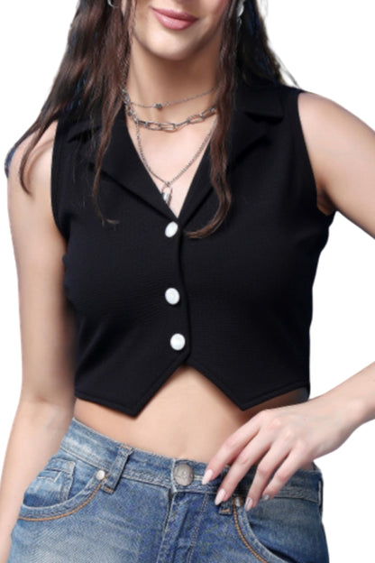 POPWINGS Casual Solid V-Neck Sleeveless Button Closure Waistcoat Crop Top for Women || Stylish Western Woman Crop Top for Summer