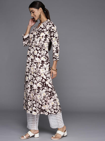 Varanga Brown Floral Printed Mandarin Collar with Slit, Three Quarter Sleeves, Empire Line Gather Detail A-Line Kurta with Side Slits
