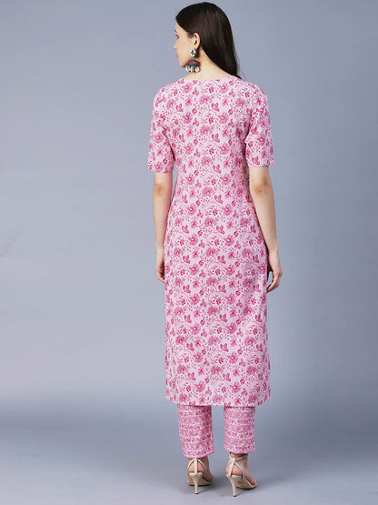 ANNI DESIGNER Women's Cotton Blend Printed Straight Kurta with Pant (MBC)