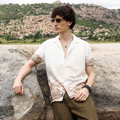 Campus Sutra Mens Ivory White & Tan Brown Desert Ombre Shirt | Casual Wear | Cuban Collar | Short Sleeve | Button Closure | Shi
