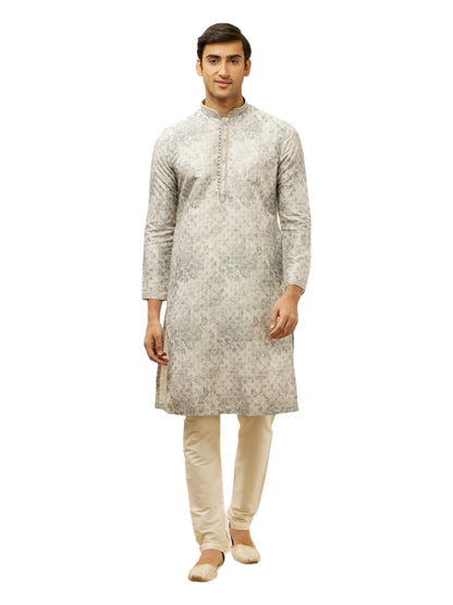Manyavar Mens Grey Art Silk Printed Kurta Pyjama Set