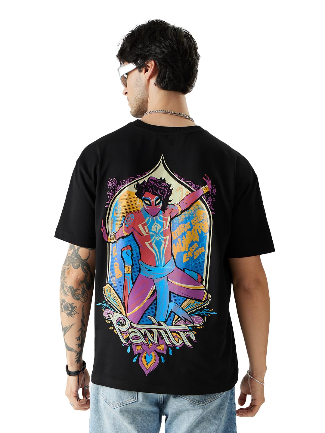 The Souled Store Official Spider-Man: Pavitr Prabhakar Men Oversized T-Shirts Black