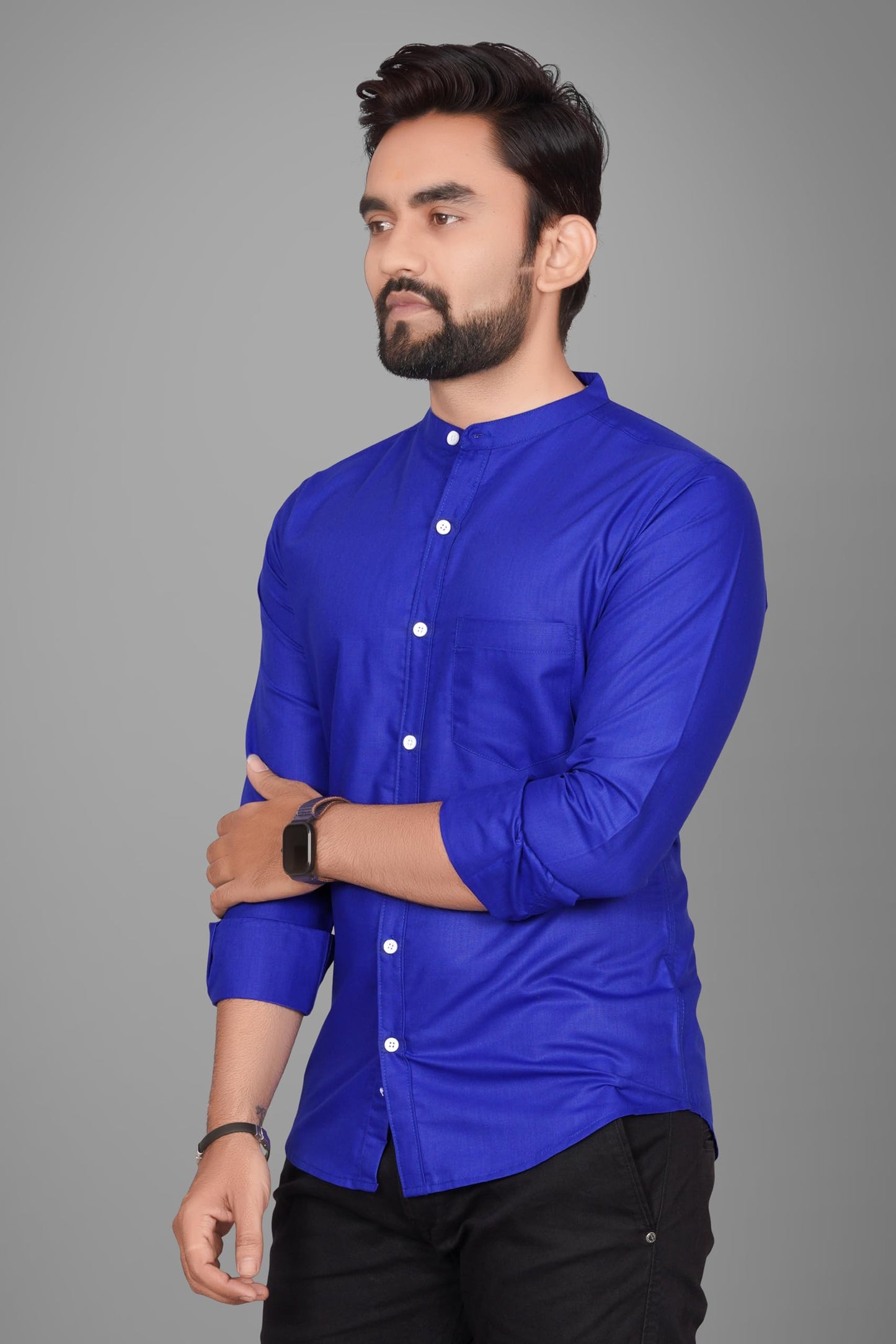 Besix MenS Cotton Solid Shirt With Mandarin Collared Full Sleeve Button Closure Curved Hem Straight Length And One Pocket | Mdr