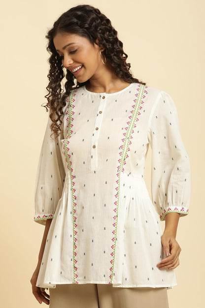 W Off White Embroidered Cotton Tunic Top for Women