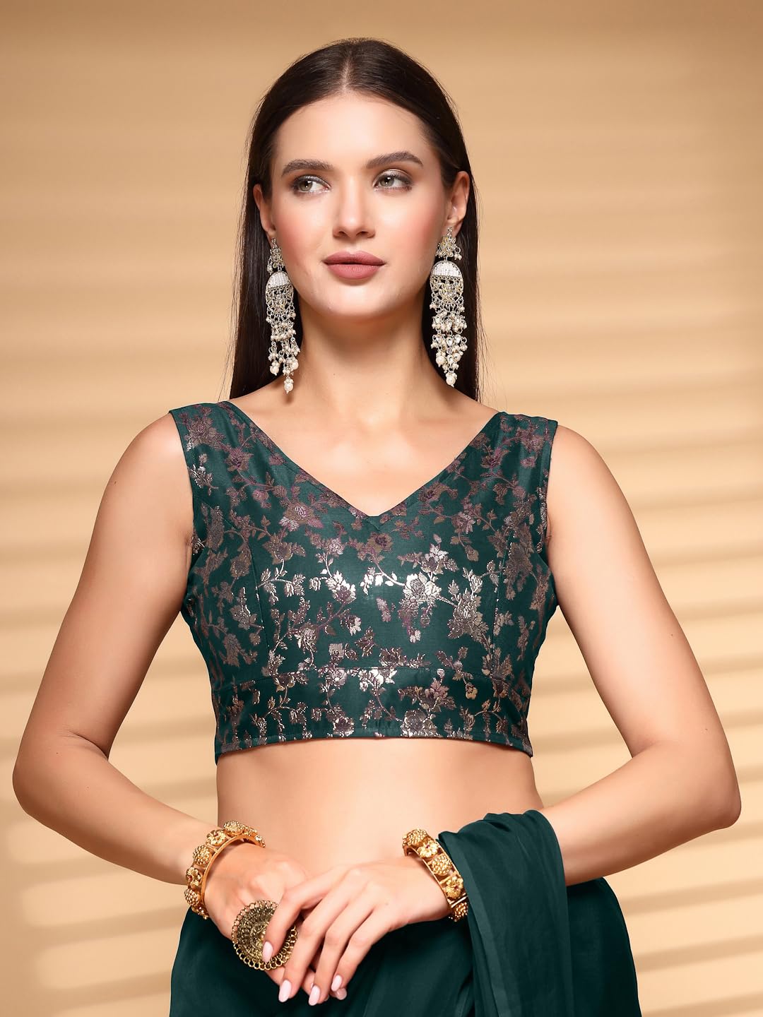 Oomph! Readymade Blouse For Women, Brocade, Sleeveless, V-Neck, Rbbl722