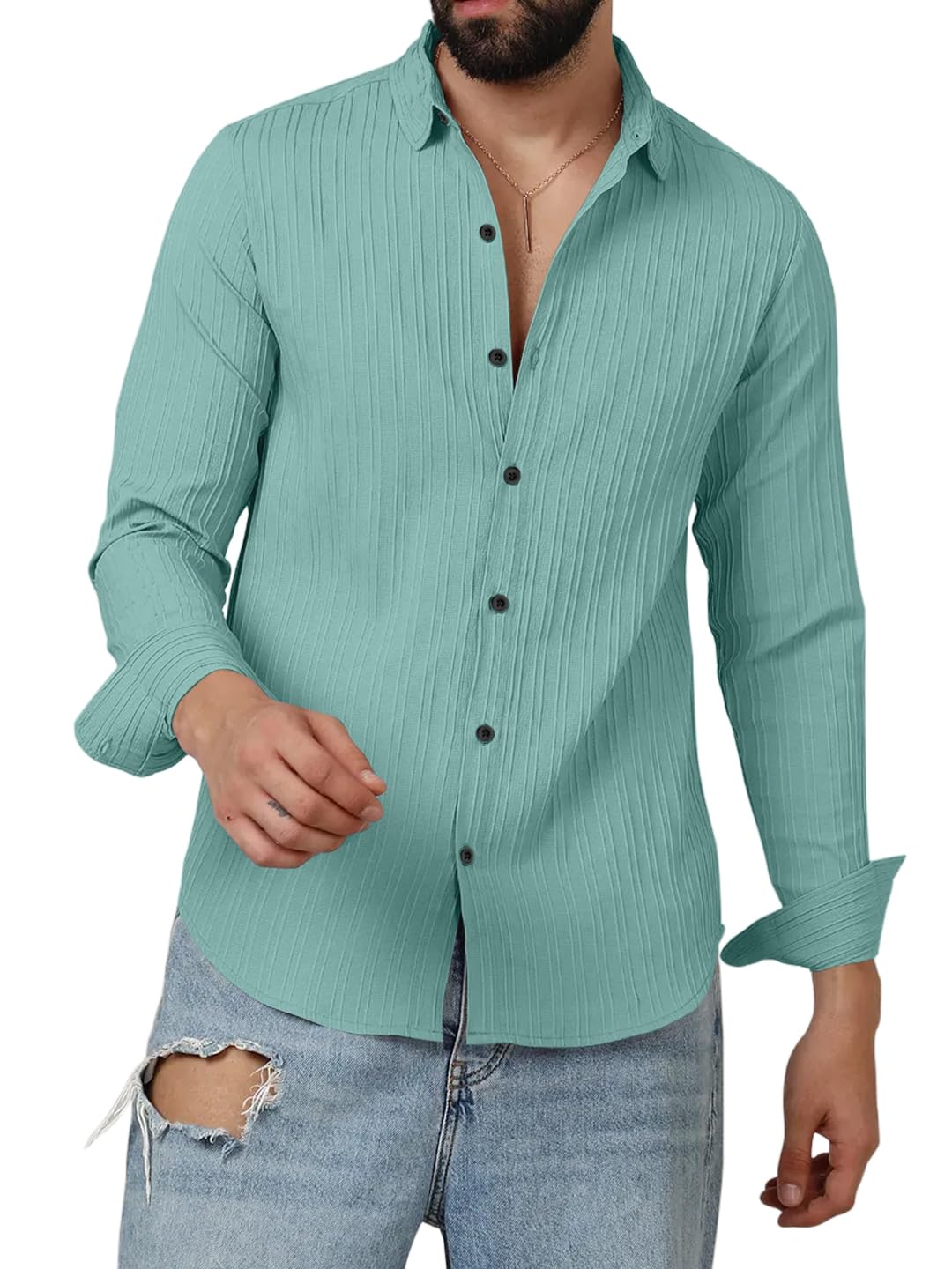 Finivo Fashion MenS Casual Cotton Plain Button Down Shirts Long Sleeve Textured Summer Beach Shirt For Men Turquoise