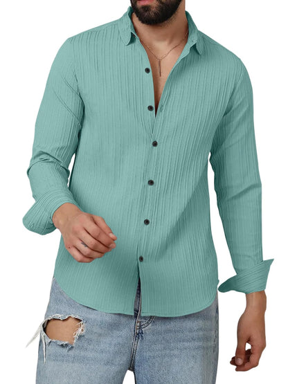 Finivo Fashion MenS Casual Cotton Plain Button Down Shirts Long Sleeve Textured Summer Beach Shirt For Men Turquoise