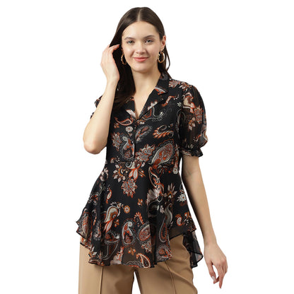 Toochki Black Georgette Paisley Printed Flared Western top for Womens Suitable to wear in Summer with Latest Trending Style