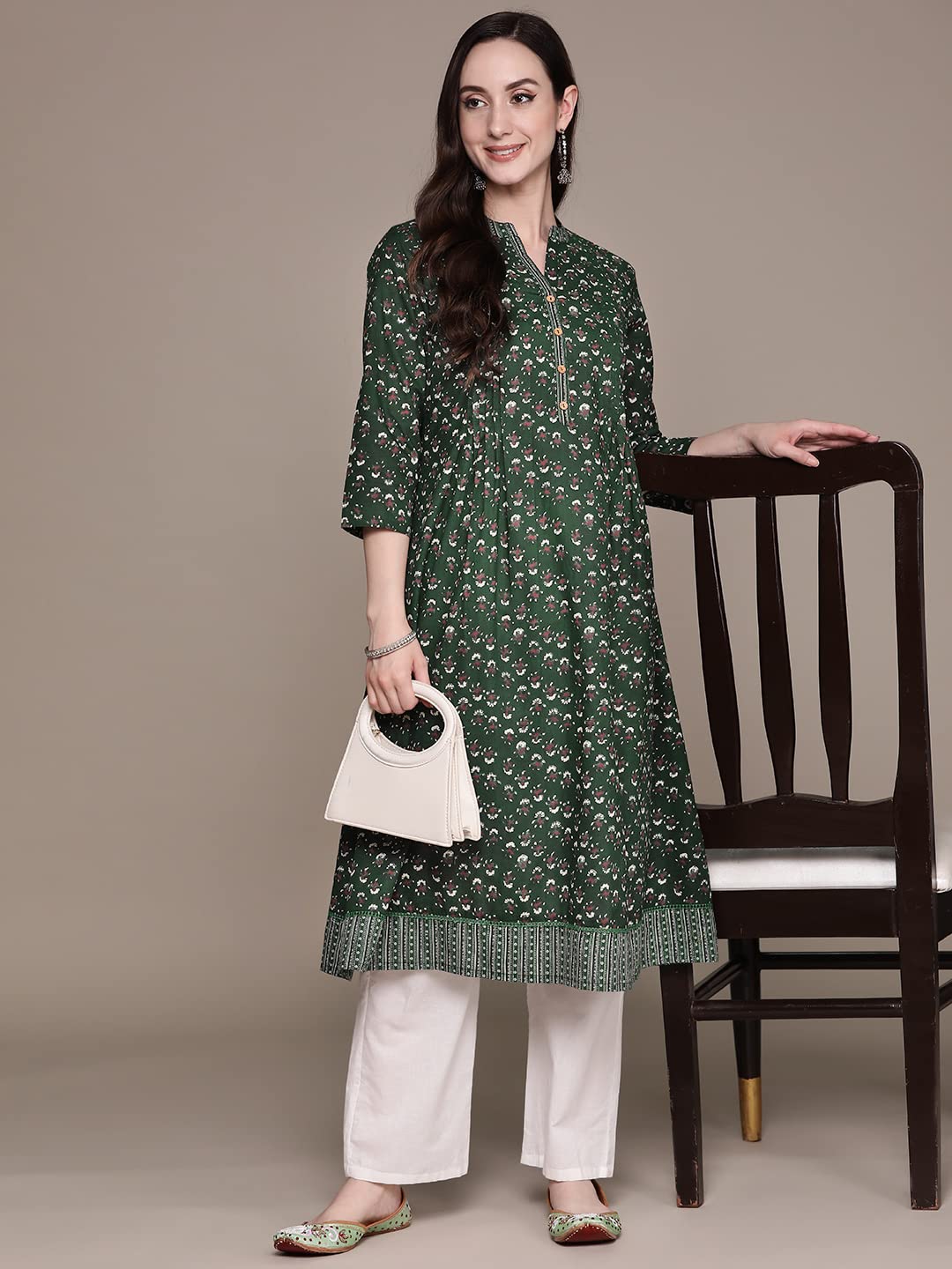anubhutee Women's Cotton Green Ethnic Motifs Printed A-Line Kurta
