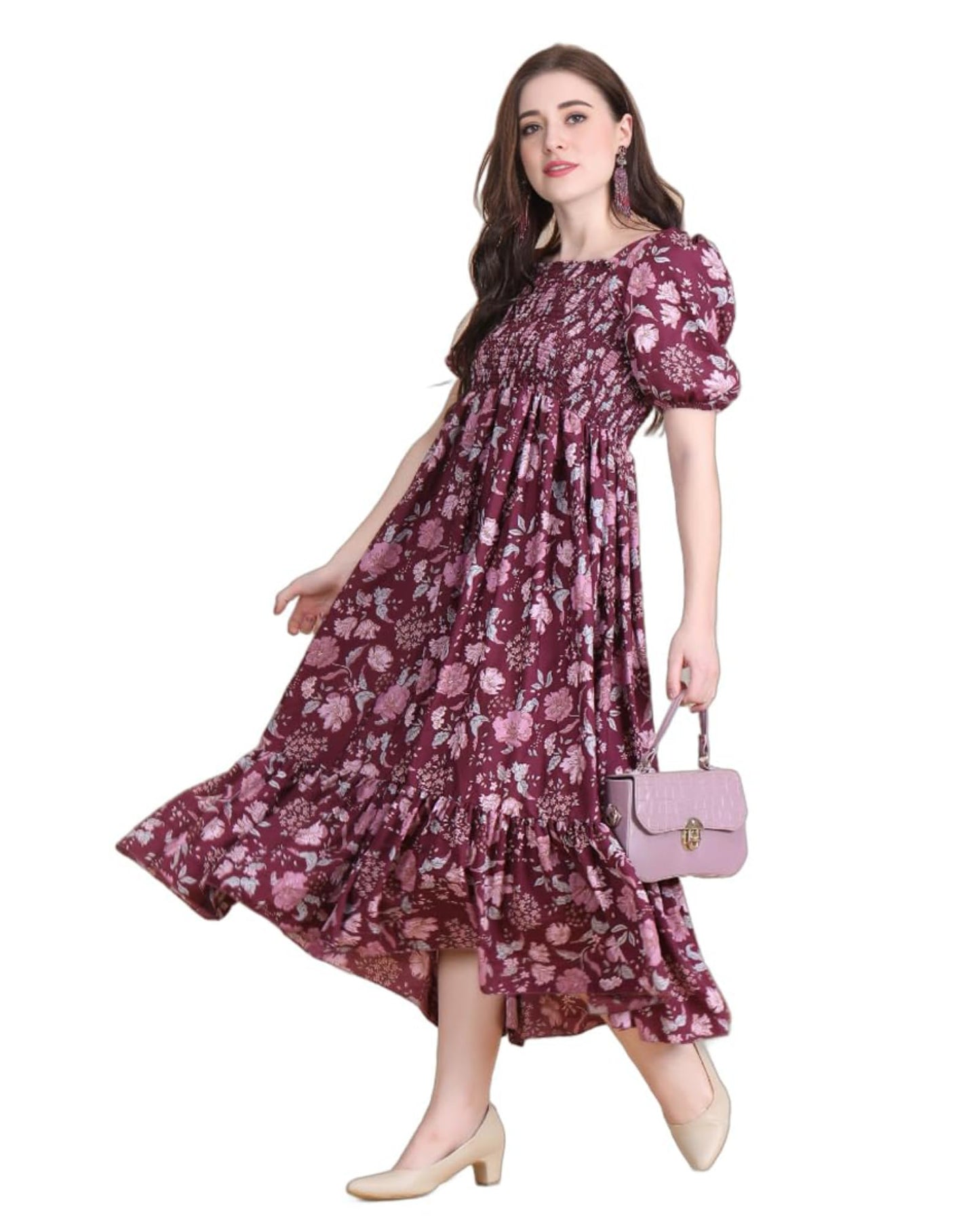 Kuduzo WomenS Crepe Midi Dress With Half Puff Sleeves Square Neck Line Floral Pattern Calf Length Regular Fit And Flare Purple