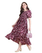 Kuduzo WomenS Crepe Midi Dress With Half Puff Sleeves Square Neck Line Floral Pattern Calf Length Regular Fit And Flare Purple