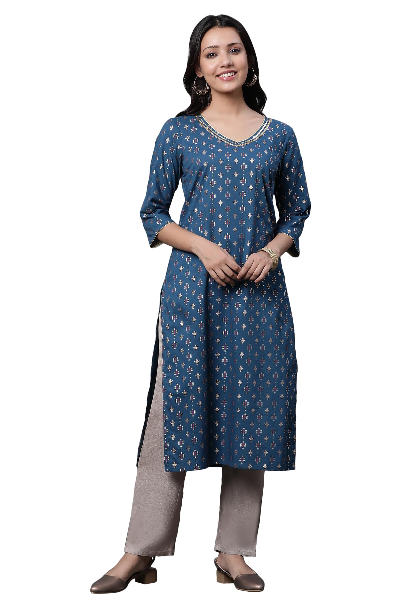 Aurelia Geometric Printed Printed Cotton Straight Long Kurta With Lace