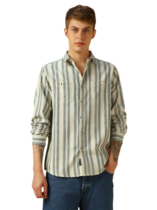Dennis Lingo Men Cream Stripes Cotton Regular Fit Half Sleeve Shirts