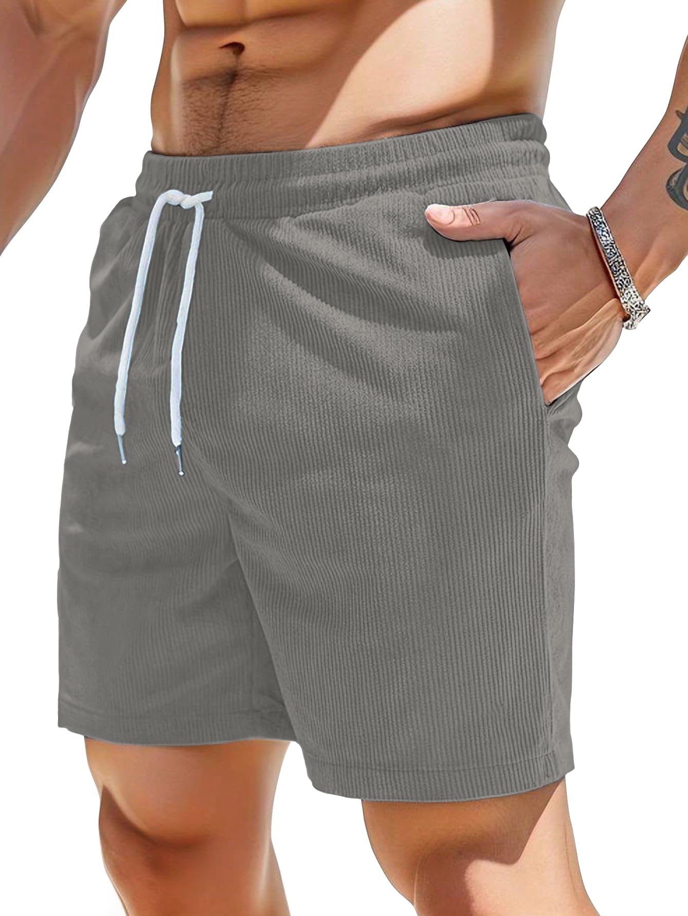 AVANOVA Mens Light Grey Solid Color Loose Fit Drawstring Short with Pockets, Casual Patch Pocket Waist Letter Print Shorts (Sho