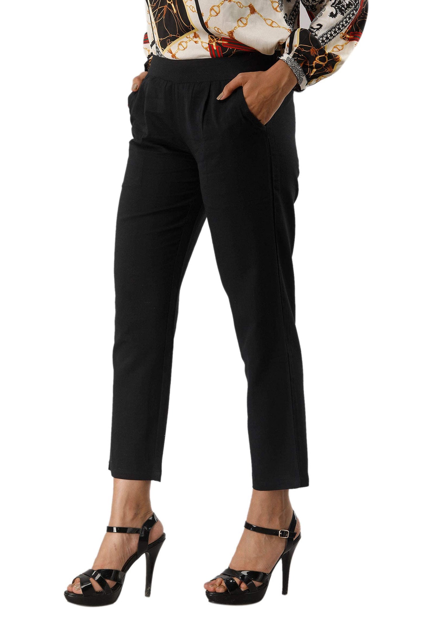 Digital Shopee Women Cotton Wear Casual Regular Fit Elastic Waist Double Side Pocket Trouser Black