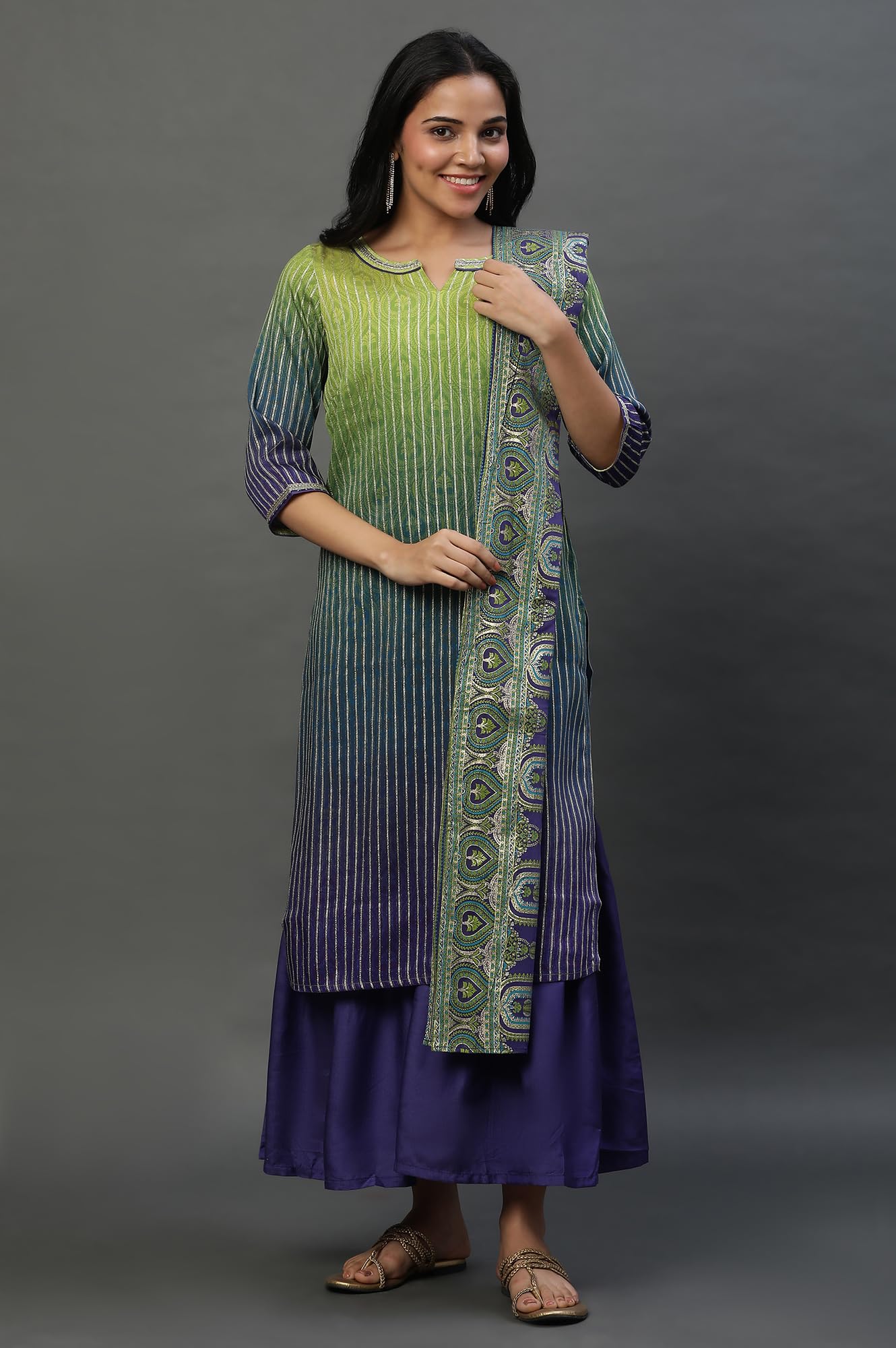 Purple Linen Ombre Festive Short Kurta, Sharara And Dupatta Set