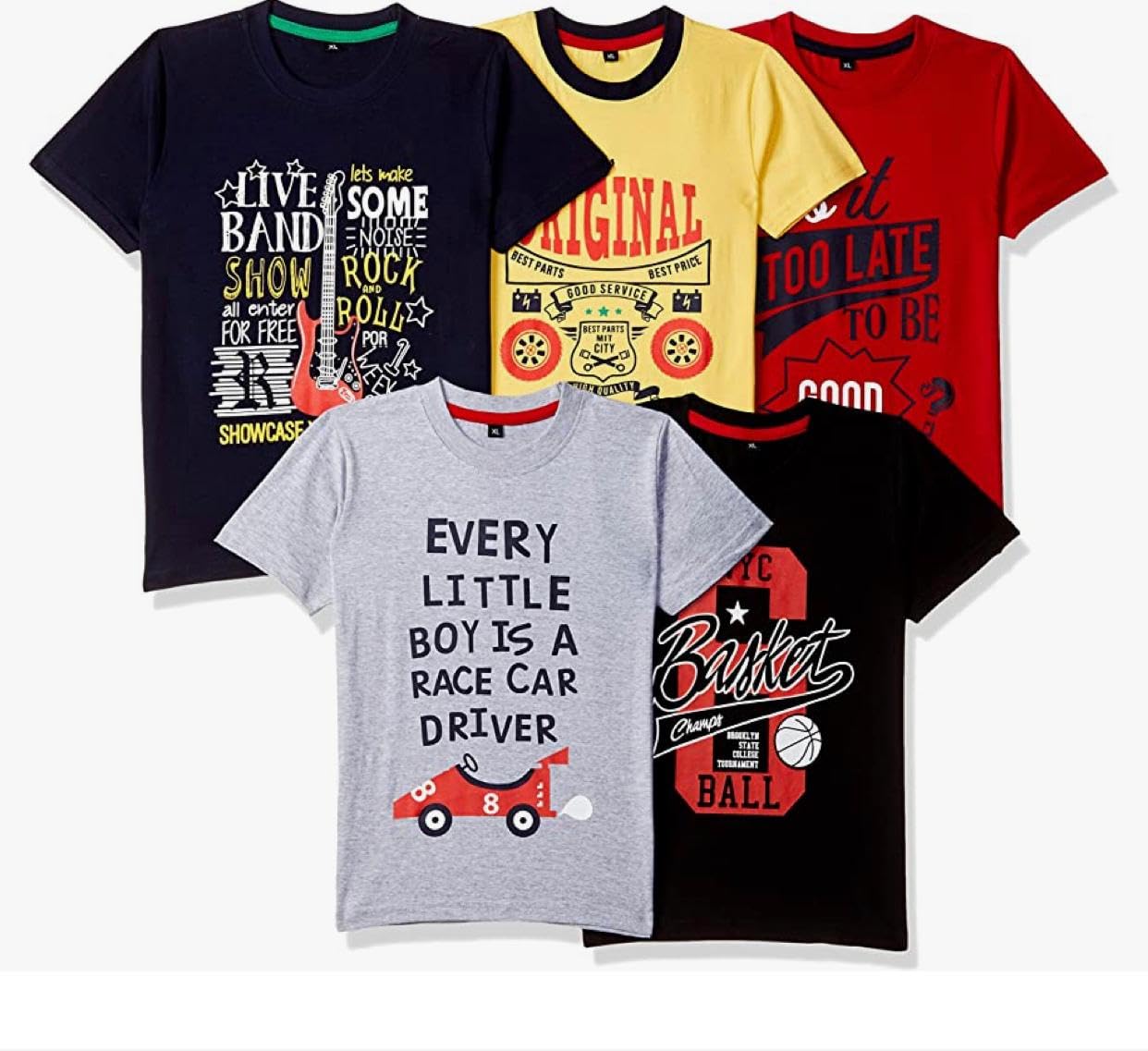 T2F Boy Cotton Printed Regular Fit T-Shirt (Pack of 5),Multicolour,8-9 Years