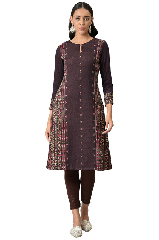 W for Woman Maroon Jacquard Flared Plus Size Winter Kurta