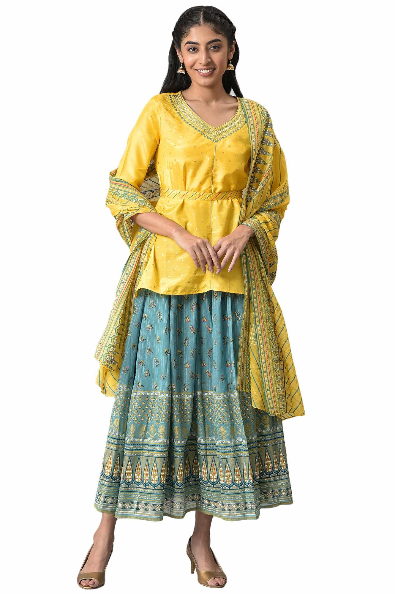 Aurelia Women Yellow Embroidered Kurta With Green Printed Skirt And Yellow Dupatta_22Aud10473-604490_S