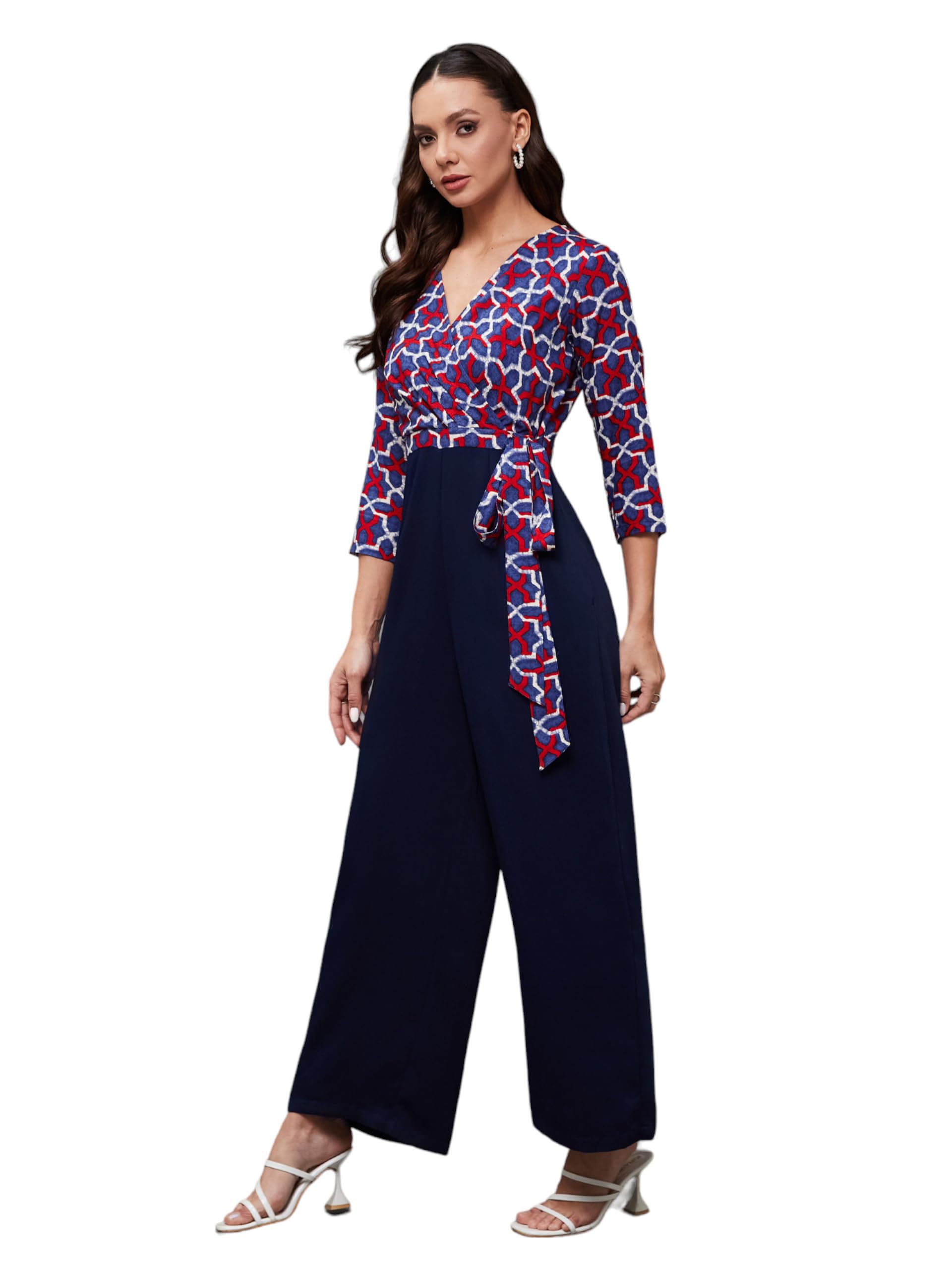 Miss Chase WomenS V-Neck Three-Quarter Sleeve Jumpsuit With Pockets (Mcss24D19-37-178-05, Multicolored-Base-Navy Blue, L)