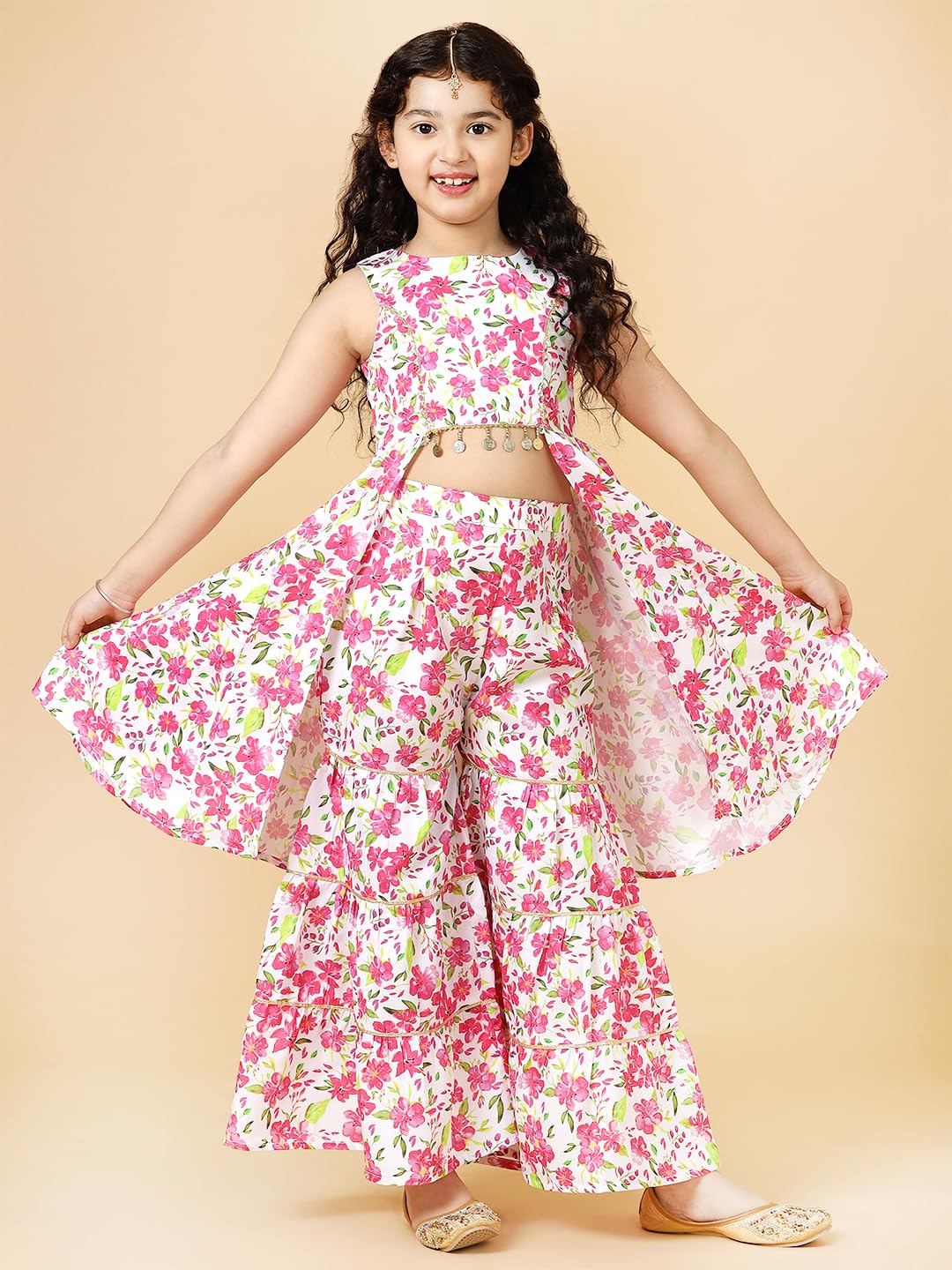 A.T.U.N. (ALL THINGS UBER NICE) Girls Fuchsia Floral Printed Tier Sharara Set