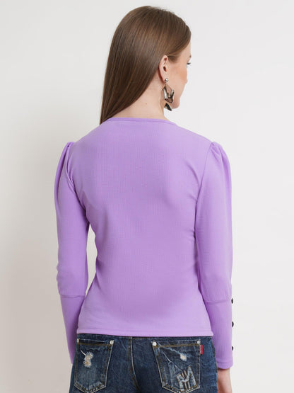 POPWINGS Casual Solid Puff Button Long Sleeves Tops for Women || Summer Round Neck Tops for Women || Stylish Western Top for Jea