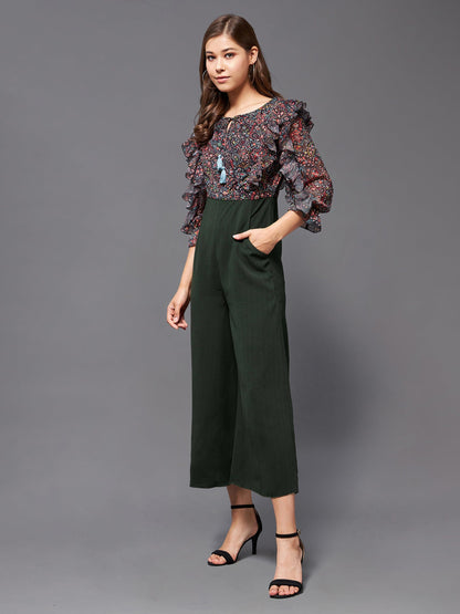 Miss Chase WomenS Multicolored-Base-Green Printed Round Neck 3/4 Sleeves Polyester Ruffled Regular Length Jumpsuit (Mcss22D15-4