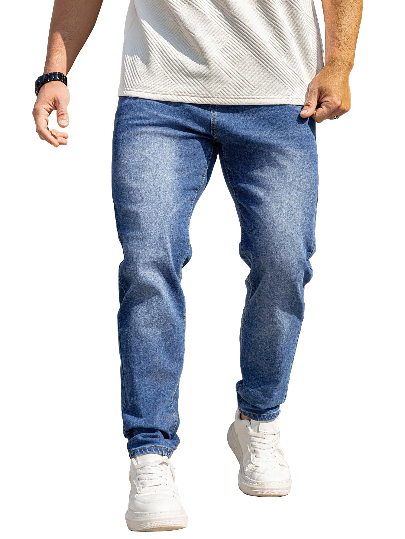 AVANOVA Mens Classic Medium Blue Gradient Casual Denim Jeans Tapered Straight Leg Long Distressed Light Jean Cargo, Straight-Le