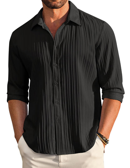 Deelmo MenS Casual Button Down Shirts Long Sleeve Linen Shirt Fashion Textured Beach Summer Shirt Black