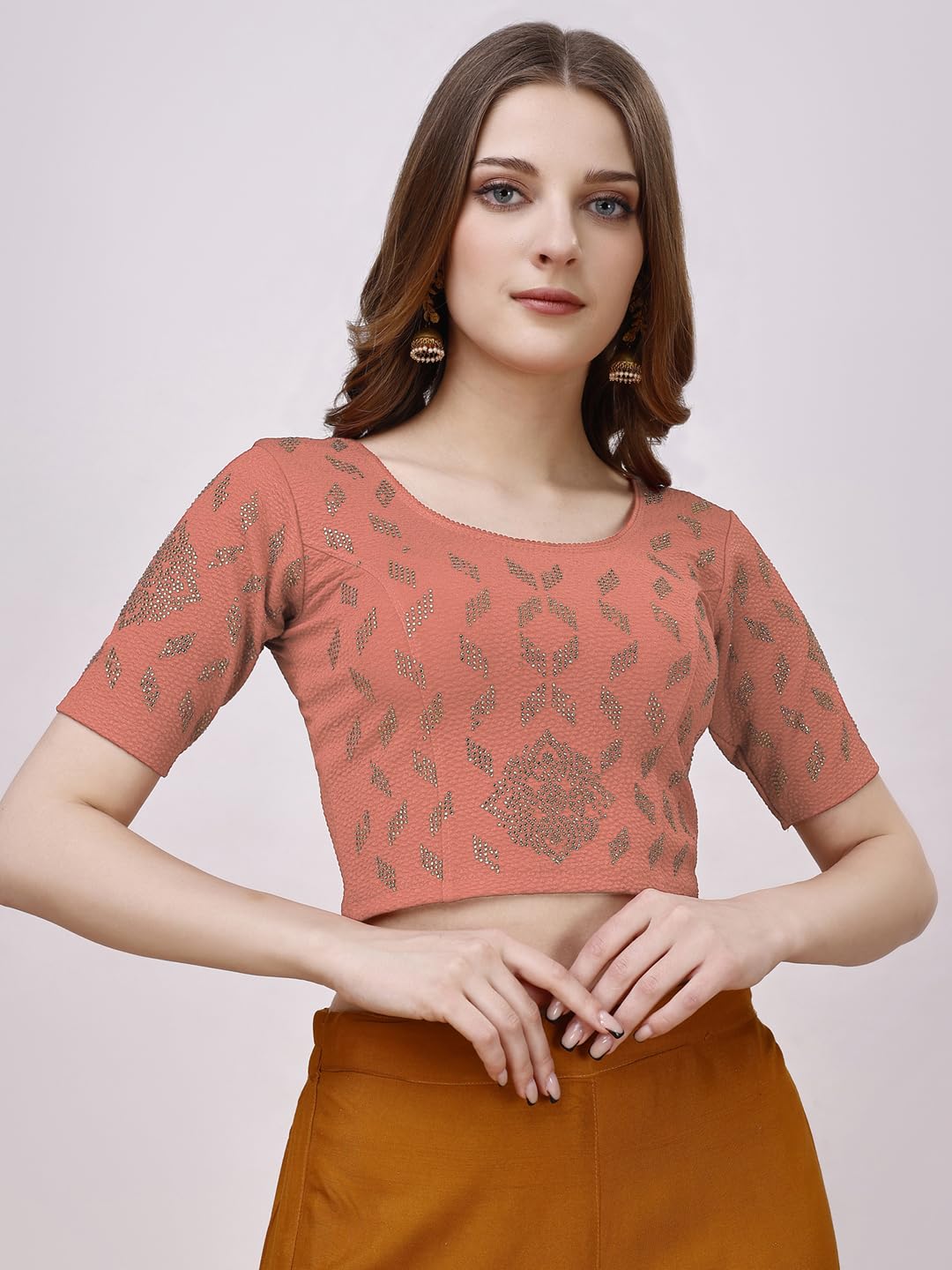 Vihu Fashion Womens Readymade Hosiery Lycra Stretchable Round Neck Half Sleeve Blouse with swaroski Work Fancy Lycra Stretchabl