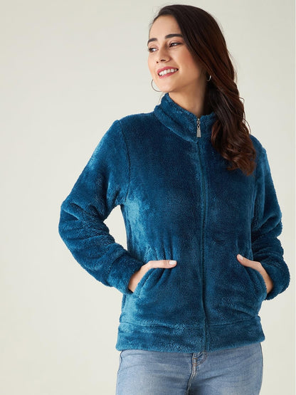 Modeve Women Solid Full Sleeve Jacket For Winter Blue Jacket For Winter