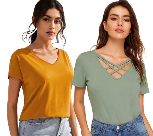 Fabricorn Combo Of Plain S. Green And Mustard Yellow Color Stylish V-Neck Cotton Tshirt For Women (S. Green And Mustard Yellow,