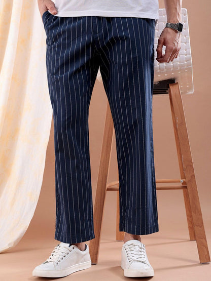 The Indian Garage Co Men Regular Fit Striped Mid-Rise Elasticated Trousers Navy