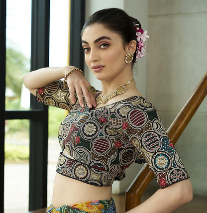 Pujia Mills WomenS Blouse Readymade Embroidery Multicoding Gold Thread And Multicolor Dhaga Work Handwork Readymade Saree Blous