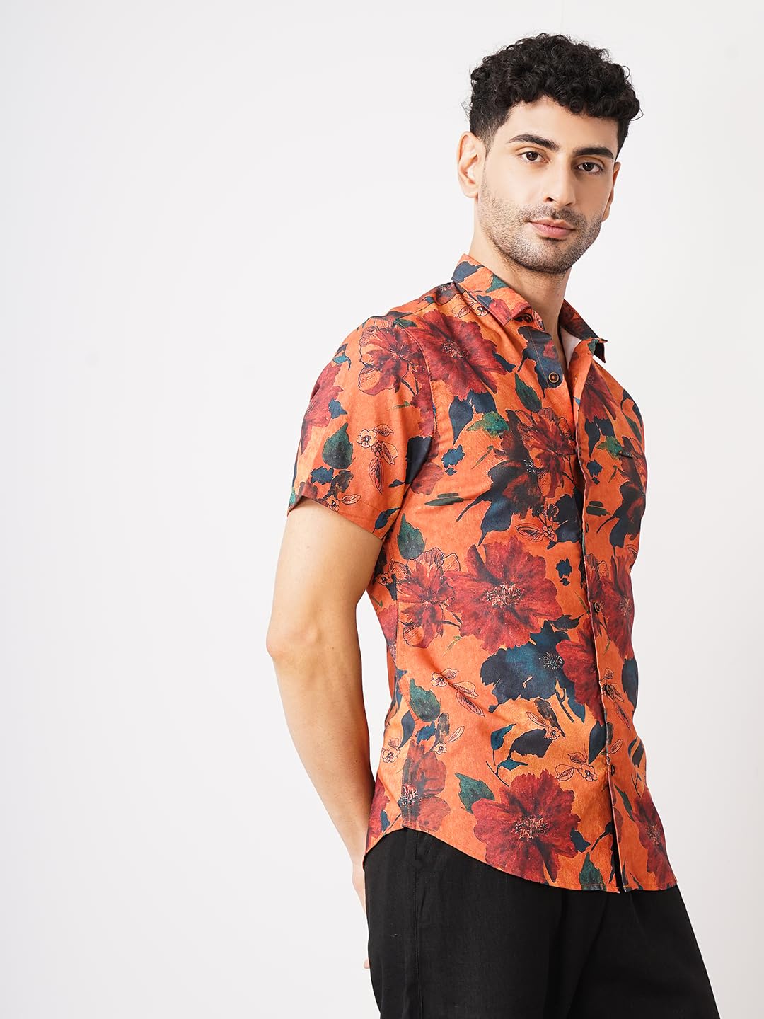 The Indian Garage Co Orange Regular Fit Spread Collar Floral Print Short Sleeves Shirt