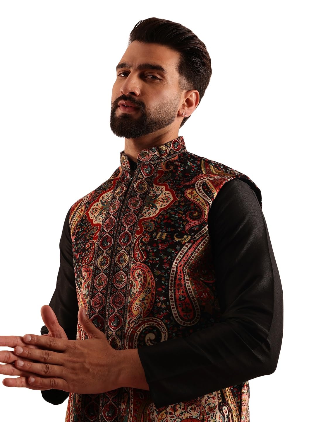 SOJANYA (Since 1958 Men's Velvet Black & Beige Nehru Jacket With Paisley Print