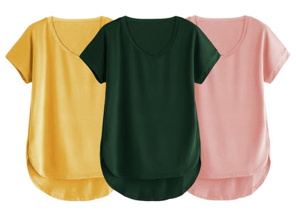 Fabricorn Combo Of Three Plain Bottle Green, Mustard Yellow And Dusty Rose V-Neck Up And Down Cotton Tshirt For Women (Bottle Gr