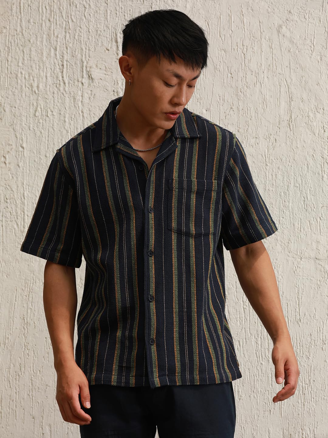 Hubberholme Multi Cotton Spread Collar Short Sleeves Striped Regular Fit Shirts
