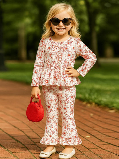 A.T.U.N. (ALL THINGS UBER NICE) Girls Red Floral Printed Long Sleeve Peplum Top and Ruffle Pants Set