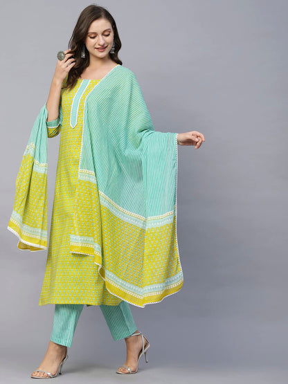 GoSriKi Women's Cotton Blend Straight Printed Kurta with Pant & Dupatta (Inam Green-GS)