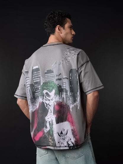 The Souled Store Joker: Anarchy Men and Boys Short Sleeves Round Neck Grey Graphic Printed Cotton Oversized T-Shirts