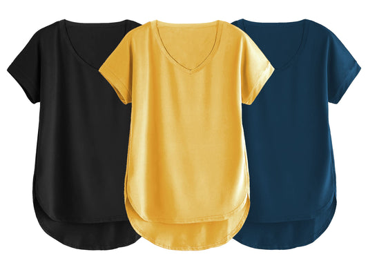 Fabricorn Combo Of Three Plain Black, Mustard Yellow And Airforce Blue V-Neck Up And Down Cotton Tshirt For Women (Black, Mustar