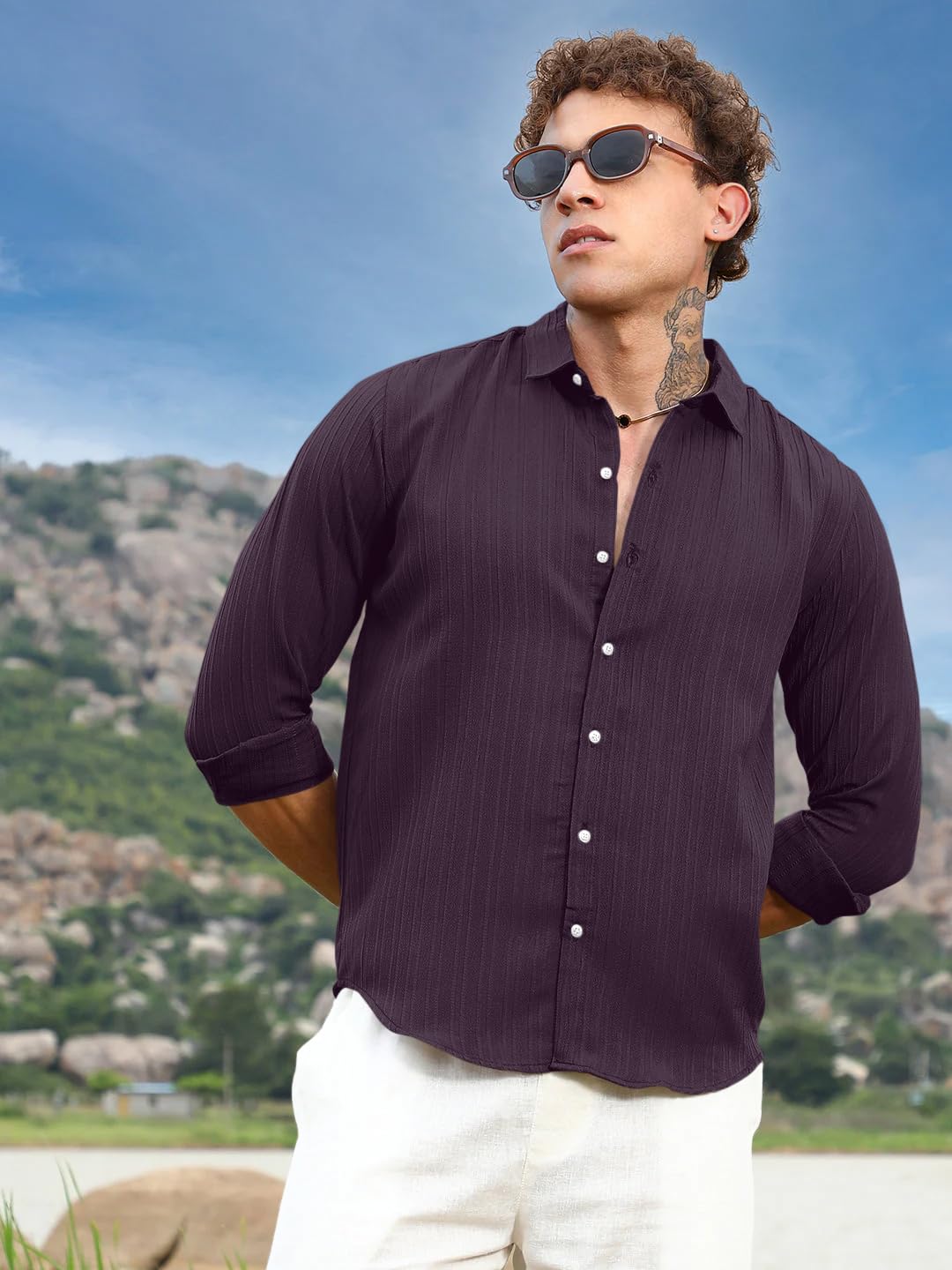 Finivo Fashion MenS Striped Cotton Casual Button Down Shirts Long Sleeve Textured Summer Beach Shirt For Men Purple