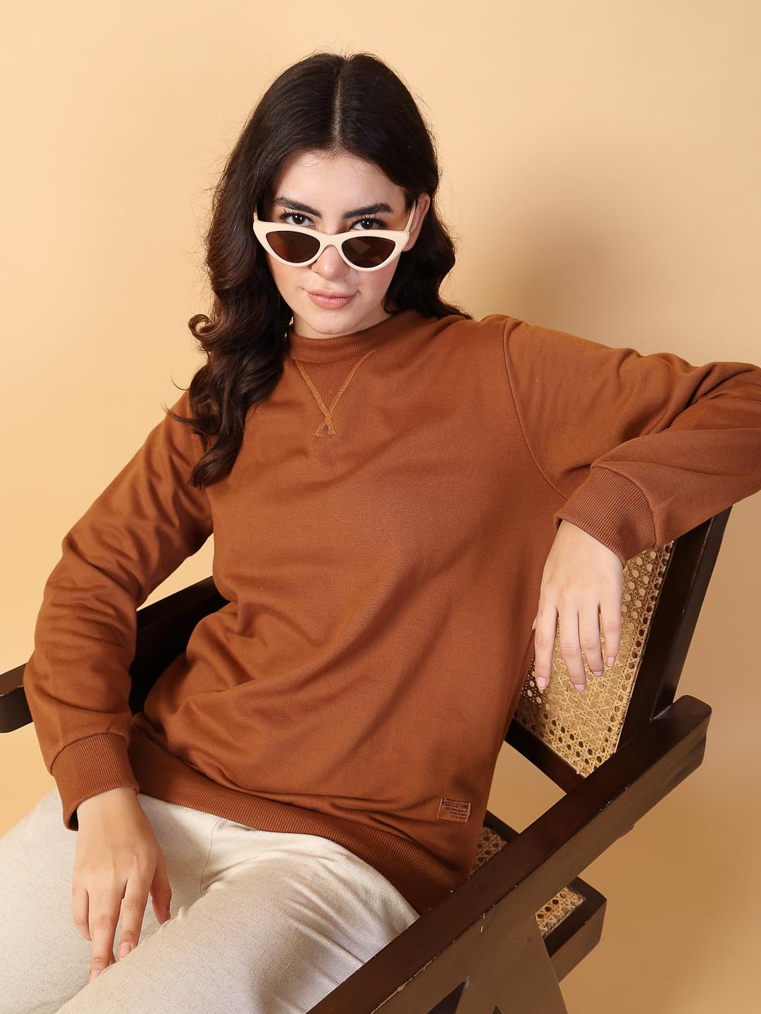 Rigo Cotton Fleece Printed Oversized Sweatshirt for Women | Full Sleeves Womens Oversized Sweatshirt | Pullover for Women Brown