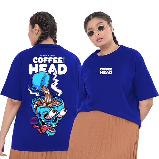 Bewakoof Womens Coffee Head Graphic Printed 100% Cotton Plus Size T-Shirt Oversized Fit, Round Neck, Half Sleeve_594358_Blue_6X