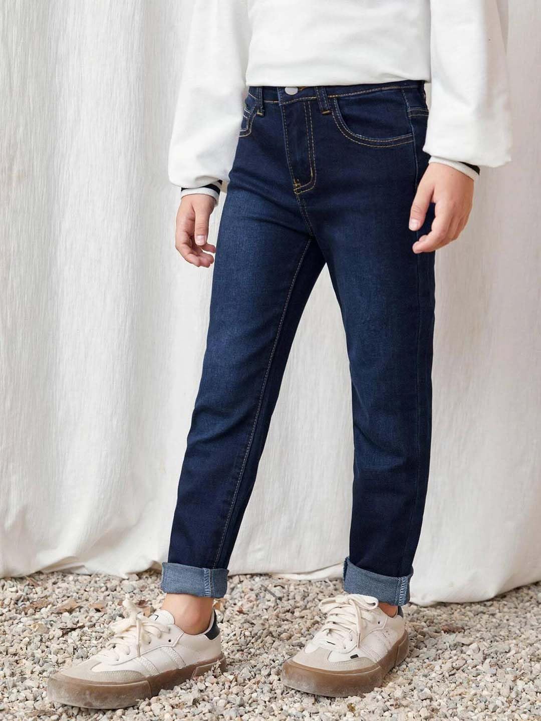Kotty Boys Regular Fit Cotton Lycra Blend Solid Jeans Denim Blue