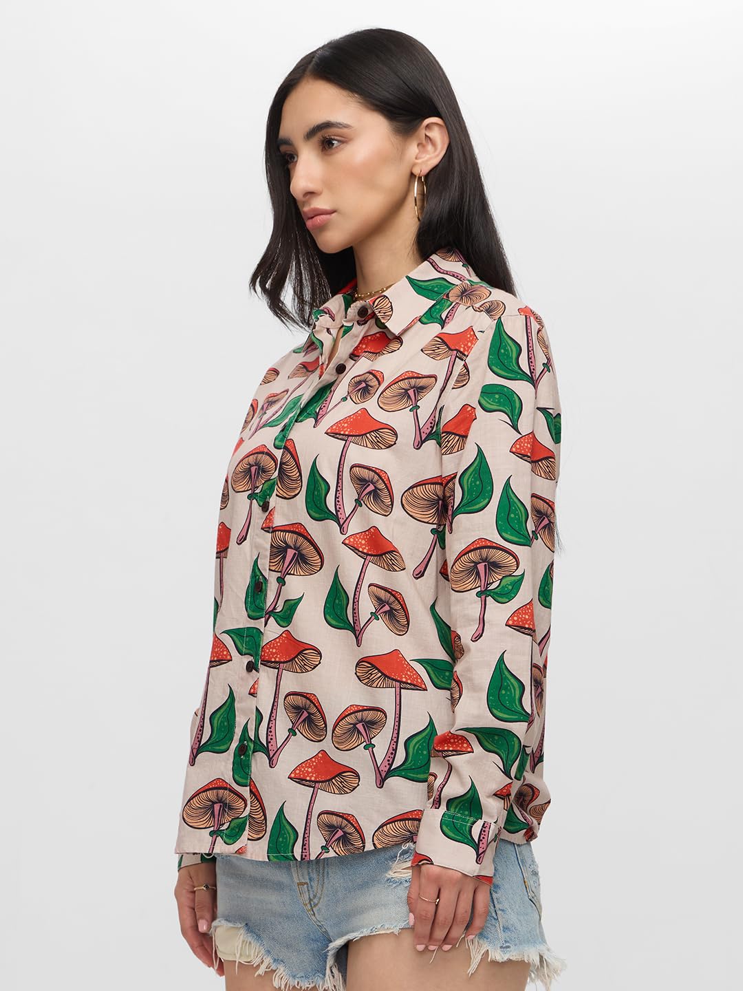 The Souled Store Mushrooms Women and Girls Long Sleeves Collared Neck Button Front Beige All Over Printed Regular Fit Cotton Shi