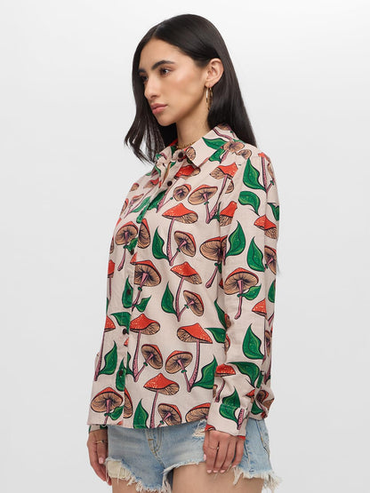 The Souled Store Mushrooms Women and Girls Long Sleeves Collared Neck Button Front Beige All Over Printed Regular Fit Cotton Shi