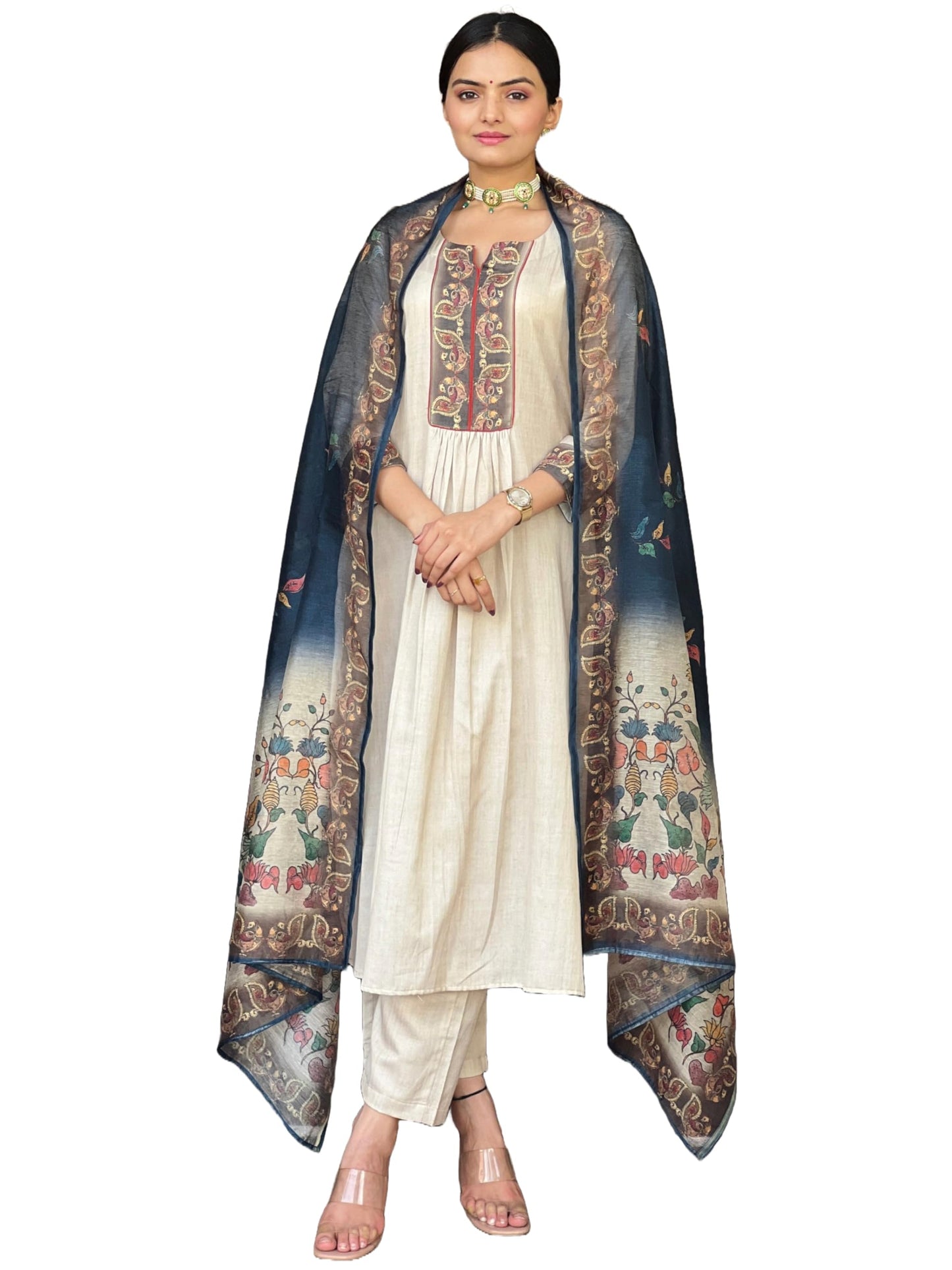 ANNI DESIGNER Womens Rayon Viscose Straight Printed Kurta with Pant & Dupatta (LADKI Cream_L_Cream_Large)