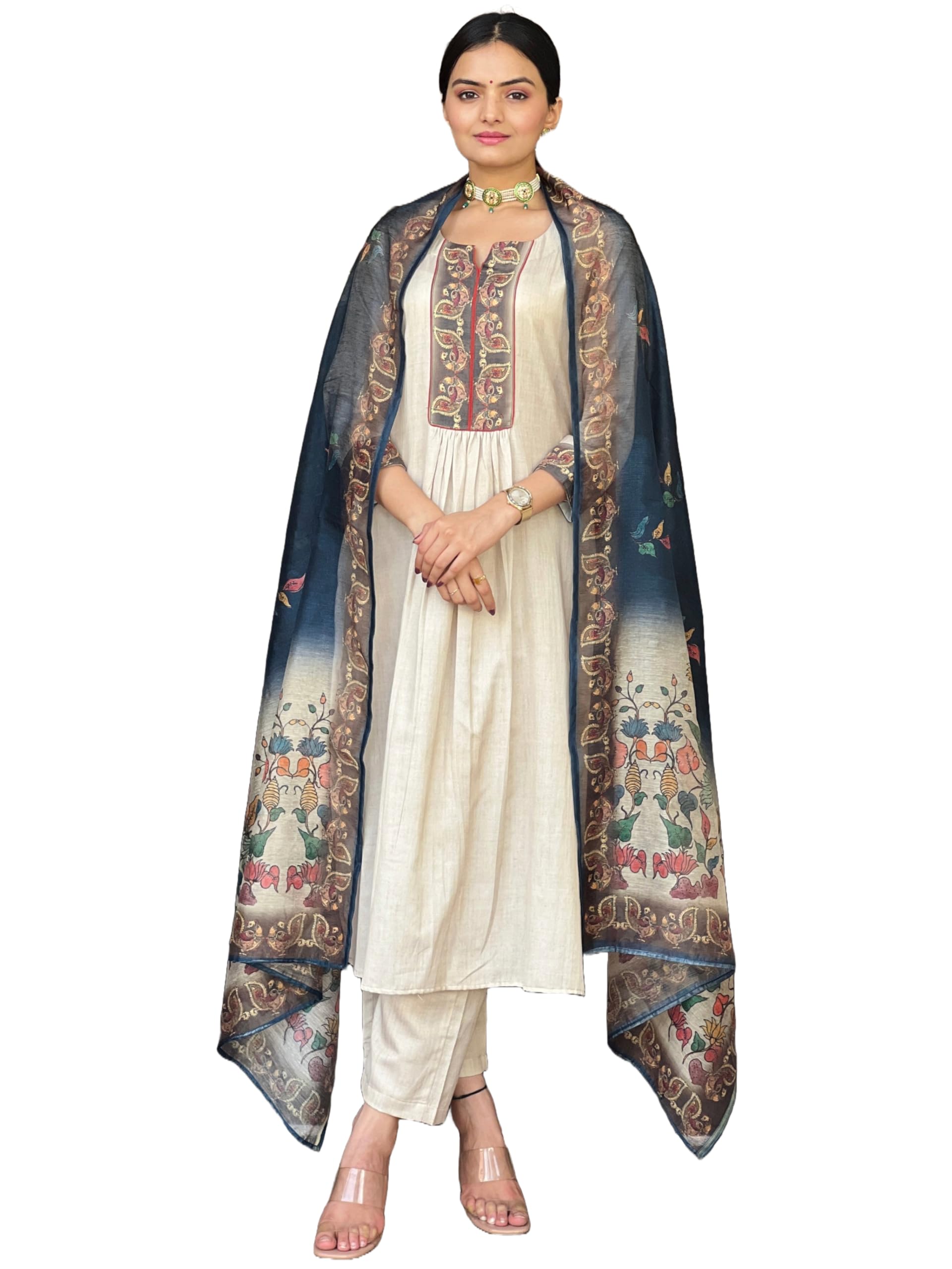 ANNI DESIGNER Womens Rayon Viscose Straight Printed Kurta with Pant & Dupatta (LADKI Cream_L_Cream_Large)